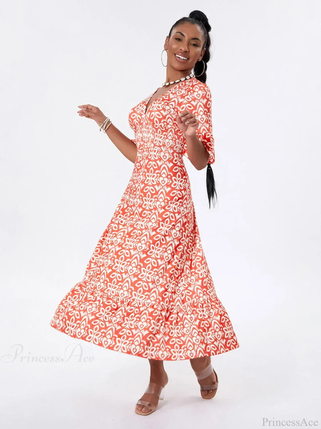 Floral Print Beach Midi Casual Flare Sleeve A-Line Ruffled Floral Dress floraldress-250126