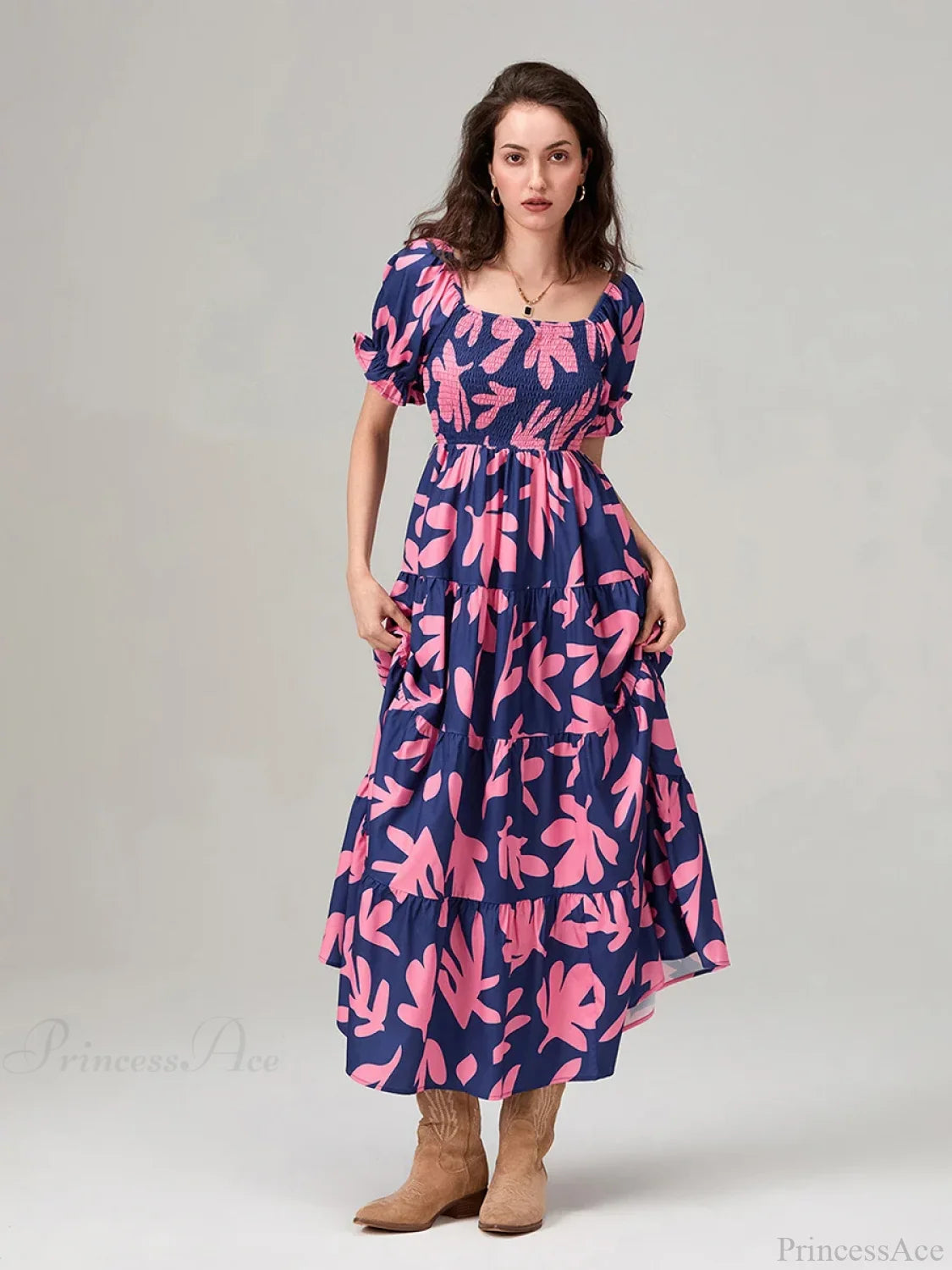 Floral Print Flowy Puff Sleeve Square Neck A-Line Vacation Floral Dress floraldress-250126
