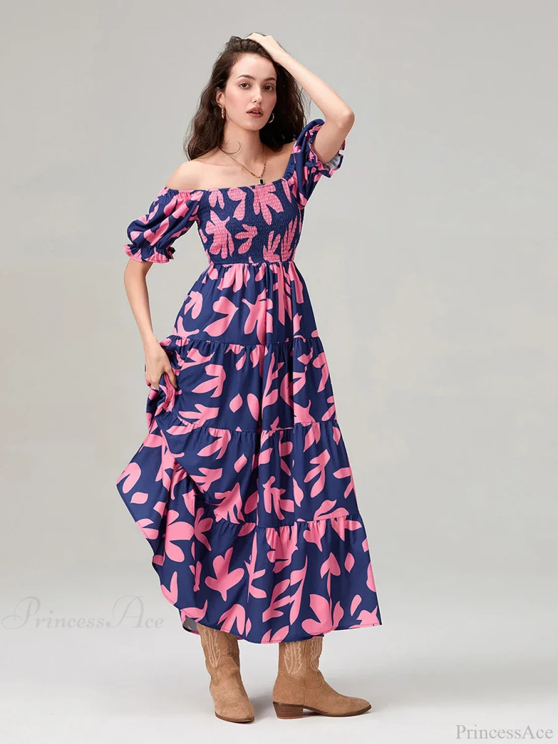 Floral Print Flowy Puff Sleeve Square Neck A-Line Vacation Floral Dress floraldress-250126