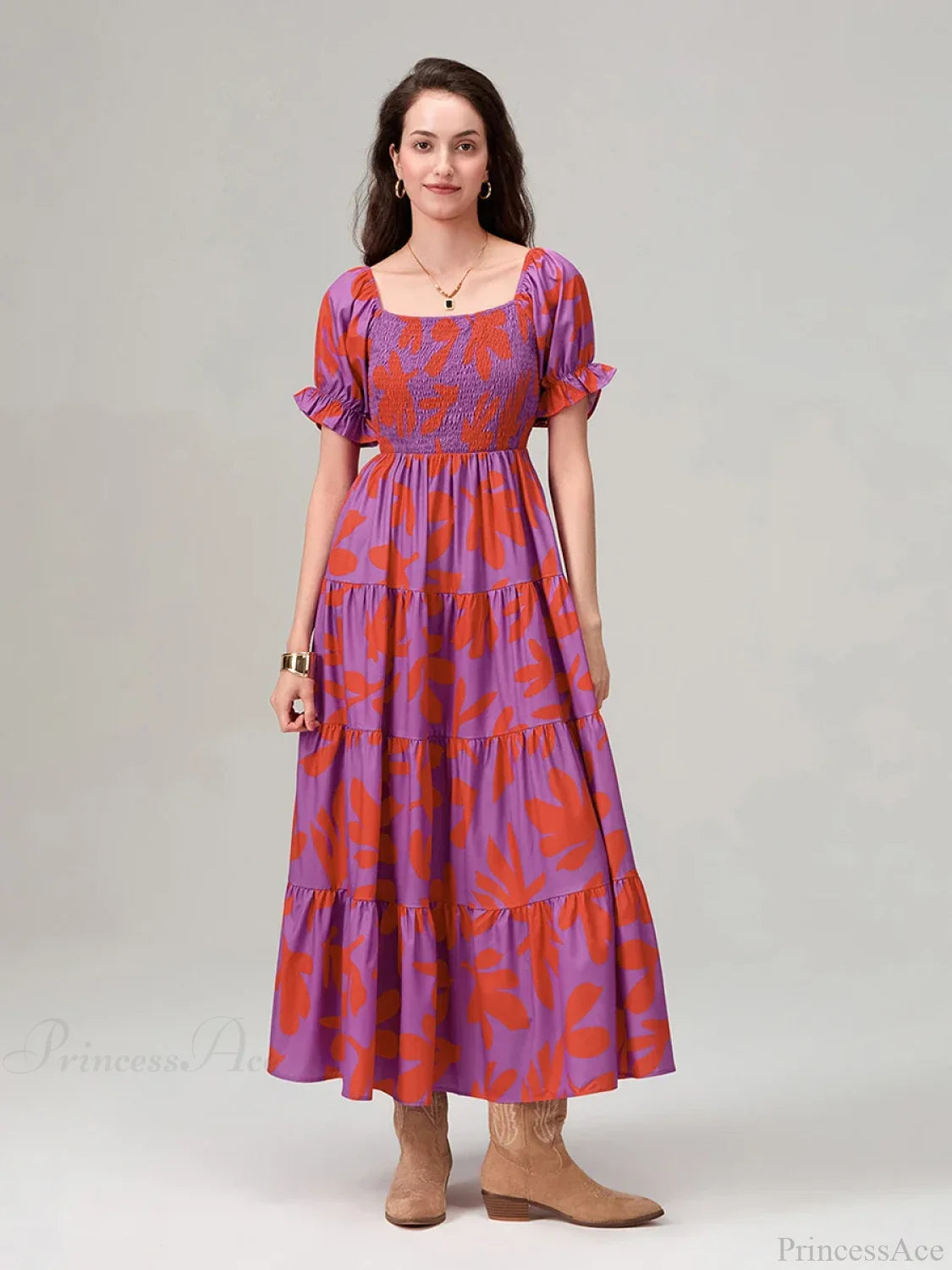 Floral Print Flowy Puff Sleeve Square Neck A-Line Vacation Floral Dress Rose Red / S floraldress-250126