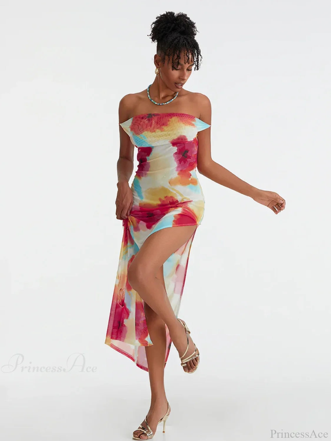 Floral Print High Split Backless Off-Shoulder Tie-up Long Floral Dress floraldress-250126