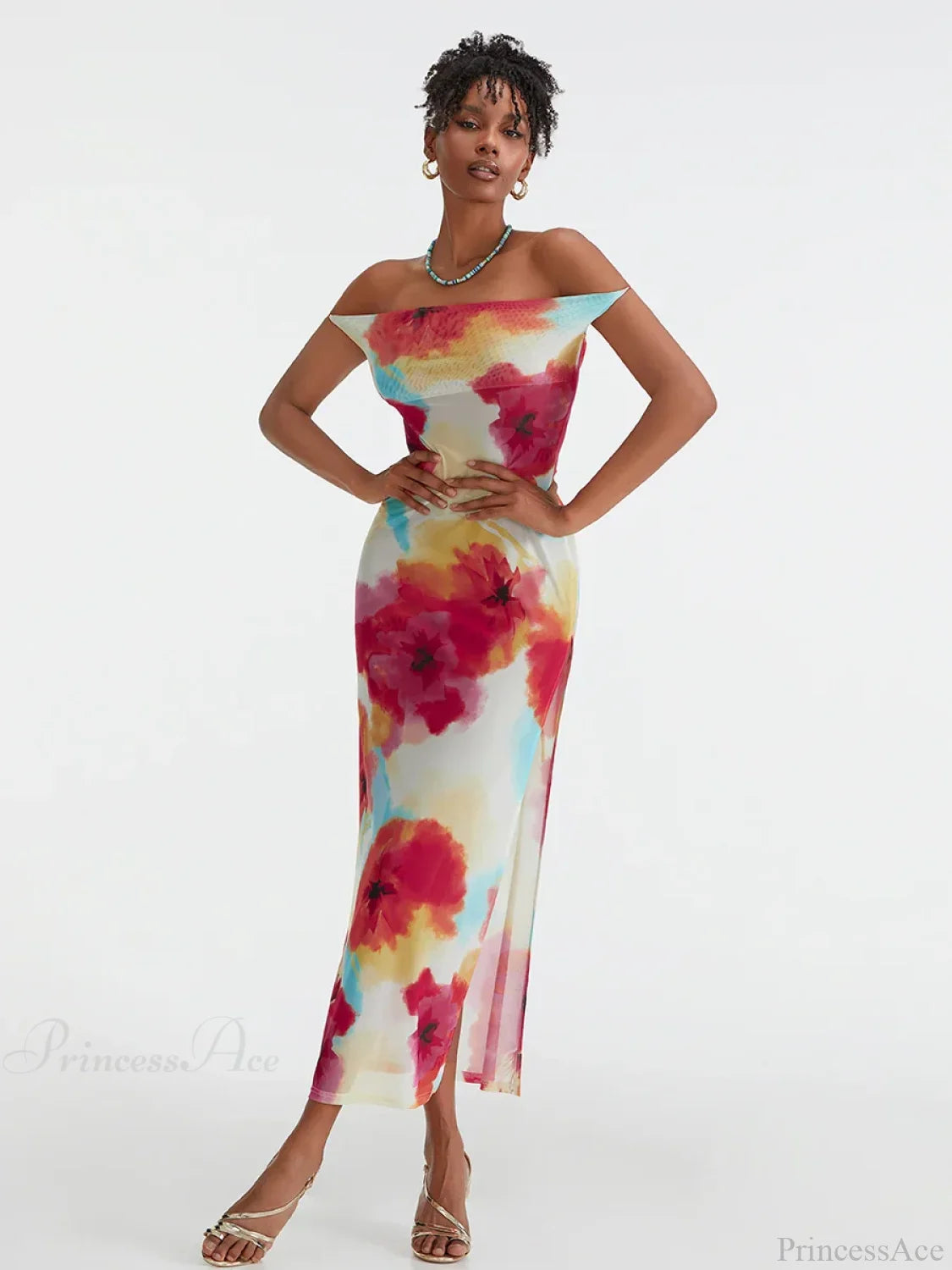 Floral Print High Split Backless Off-Shoulder Tie-up Long Floral Dress floraldress-250126