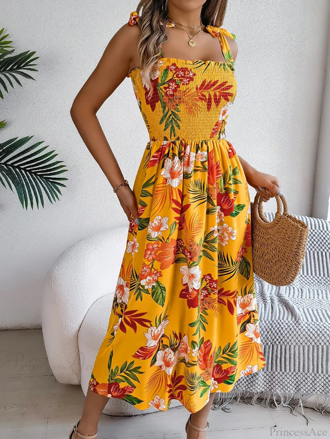 Floral Print Lace-up Sleeveless Vacation Floral Dress oldfloraldress-250126