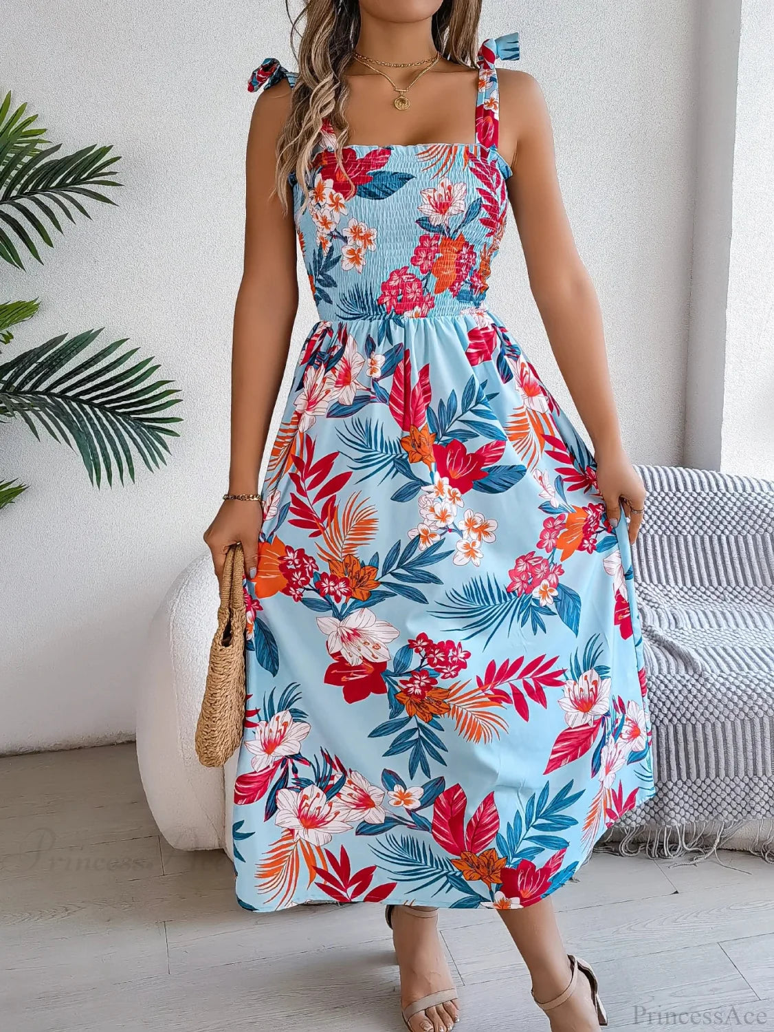 Floral Print Lace-up Sleeveless Vacation Floral Dress SKY BLUE / S oldfloraldress-250126