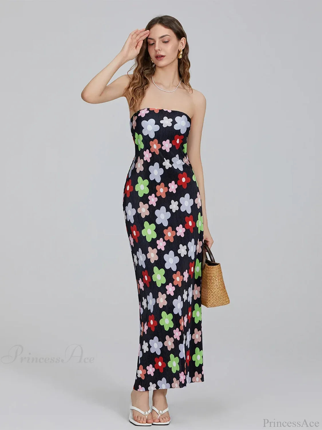 Floral Print Off-Shoulder Bandeau Pleated Tube Top Backless Party Dress floraldress-250126