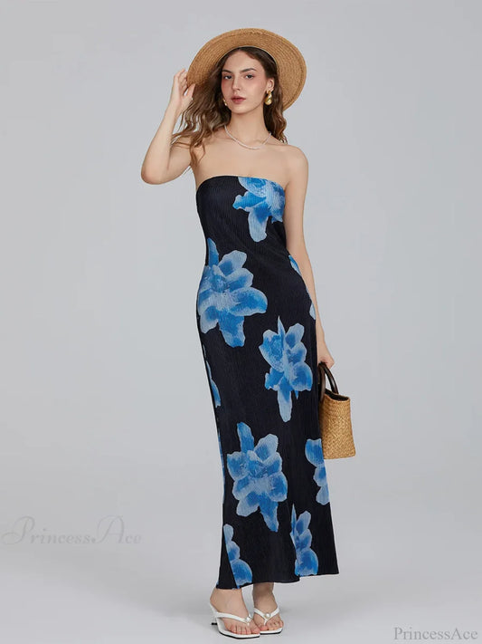 Floral Print Off-Shoulder Bandeau Pleated Tube Top Backless Party Dress floraldress-250126