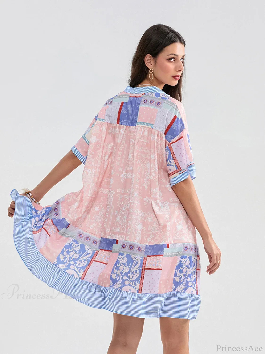 Floral Print Patchwork Flowy V-neck Loose A-Line Mini Floral Dress floraldress-250126