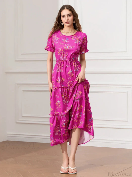 Floral Ruched Tiered Puff Sleeve Pleated Flowy Long Floral Dress Rose Red / S floraldress-250126