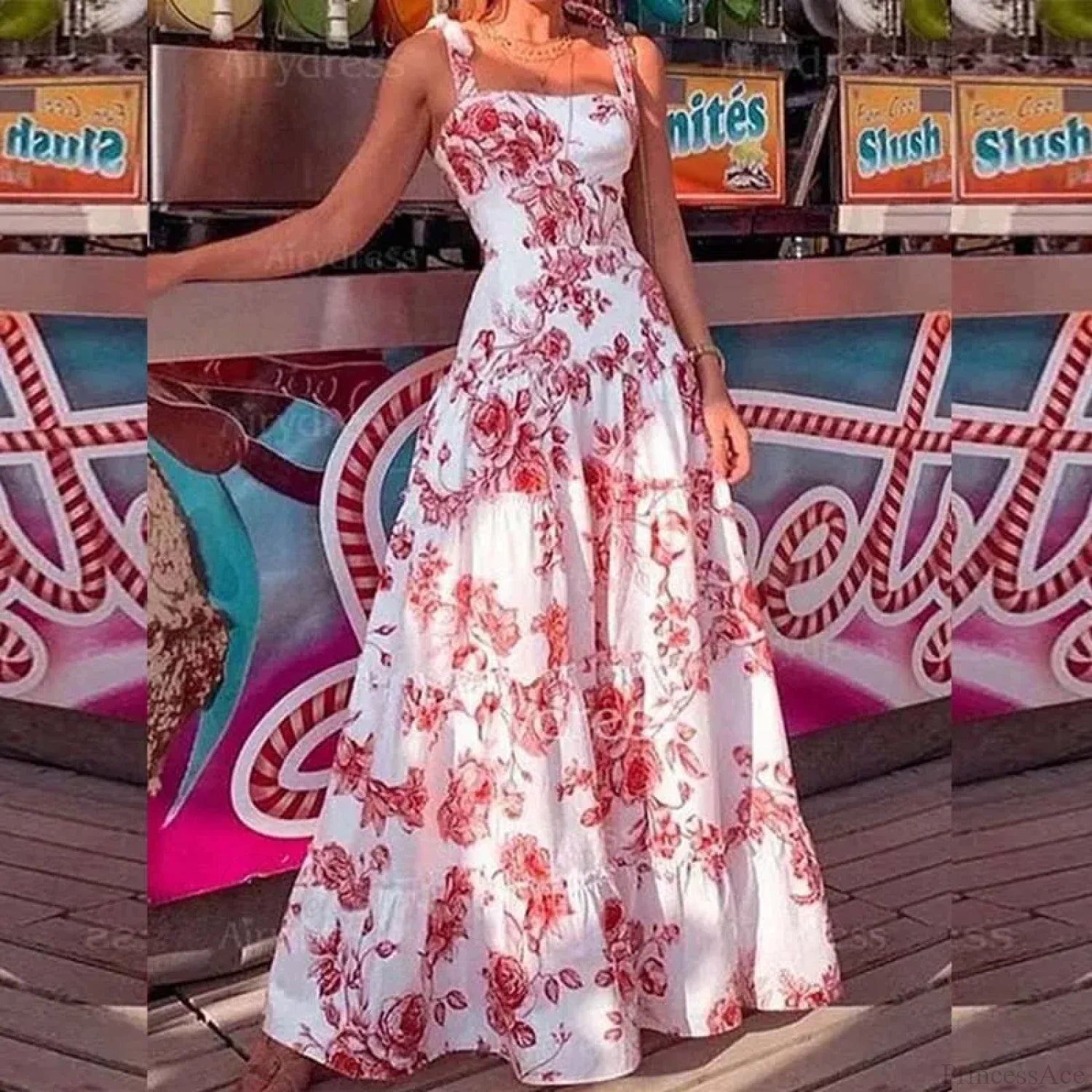 Floral Spaghetti Strap High Waist Maxi Dress Red / S floraldress-250126