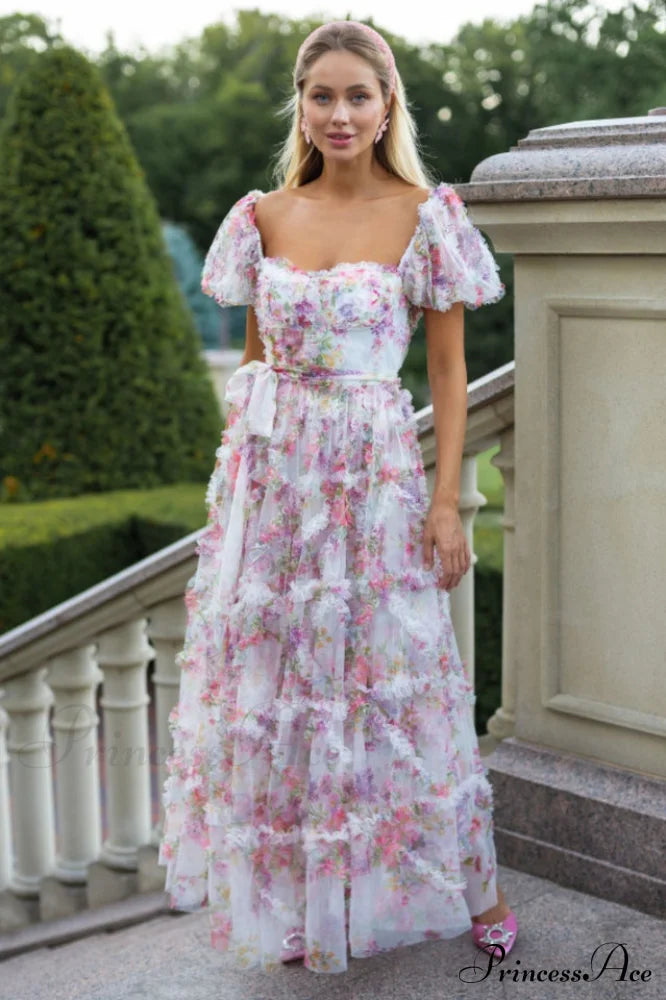 Floral Tulle Puff Sleeve Graceful Bow Tie Maxi Dress