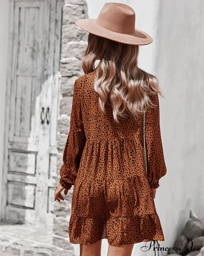Flowered Gown With Casual Long Sleeves M / Brown