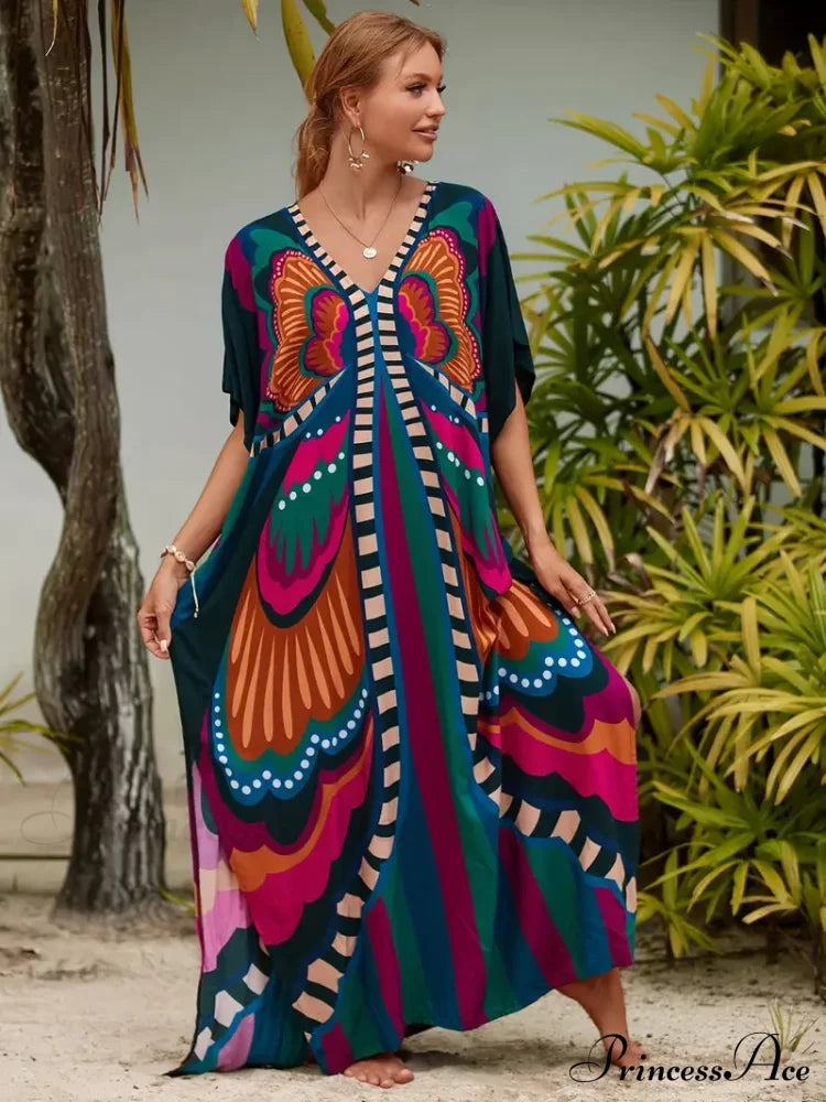 For Design Neck V Gown Butterfly Bat Arm Summer Summer Butterfly Print Dress