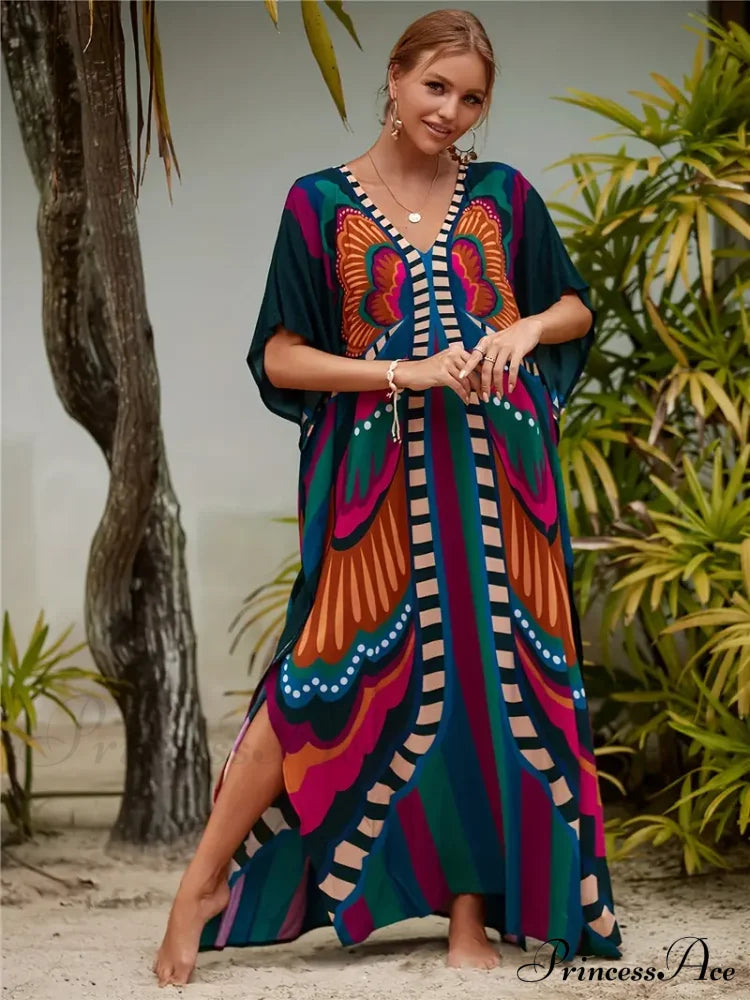 For Design Neck V Gown Butterfly Bat Arm Summer Summer Butterfly Print Dress