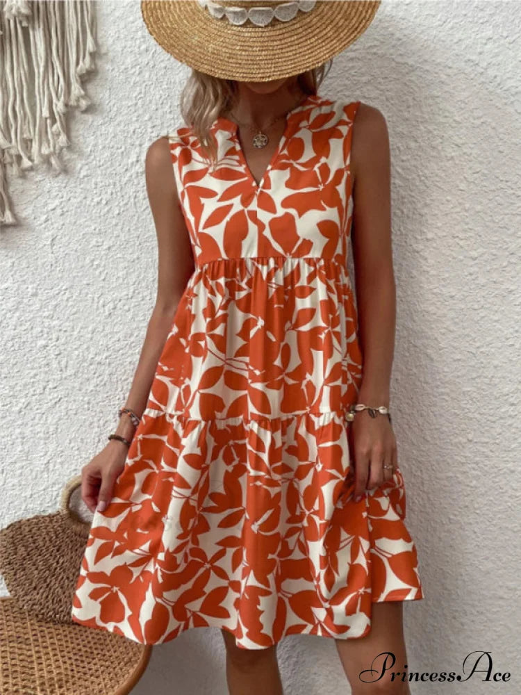 For Tiered Design Sleeveless Minidress Flowered Ruffle Women Orange / S