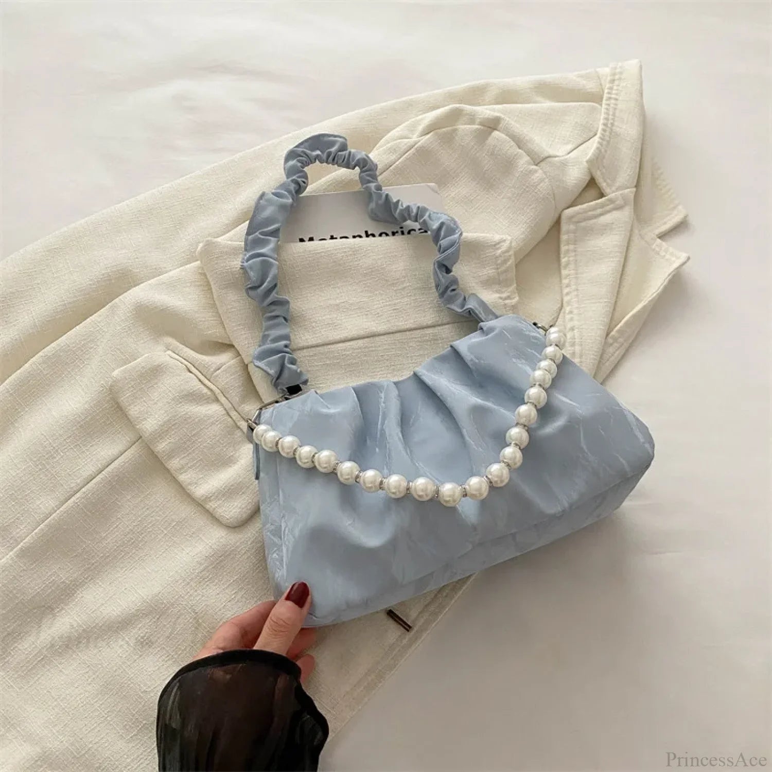 French Beaded Chain Pleated Underarm Crossbody Handbag Blue handbag-250126