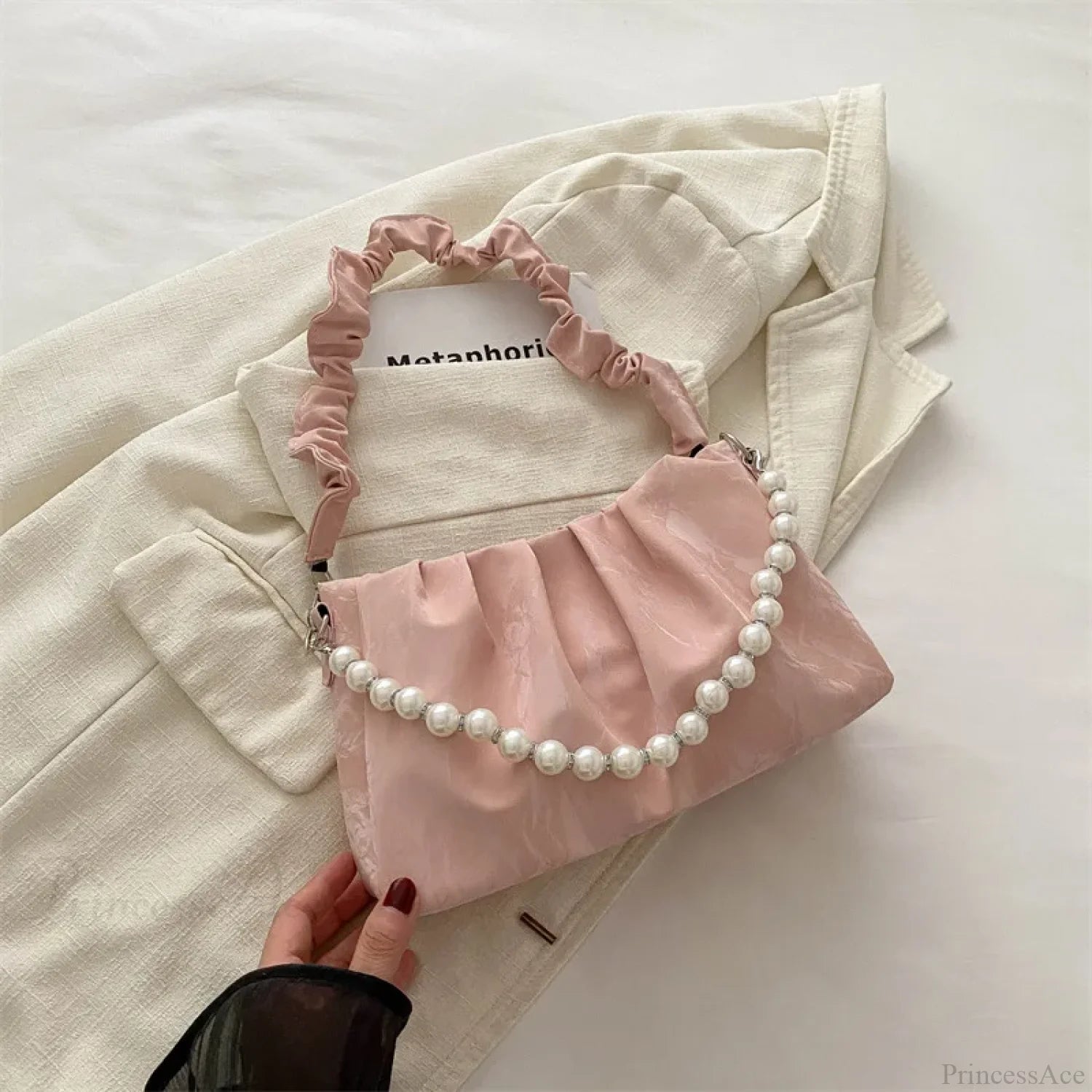 French Beaded Chain Pleated Underarm Crossbody Handbag Pink handbag-250126