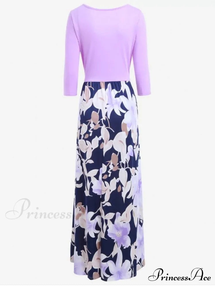 Full-Length With Design Flowered Gown U Neck M / Light Purple Clothing