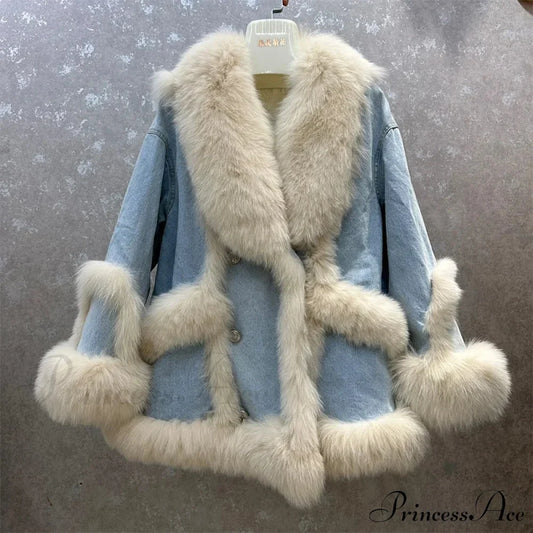 Fur Collar Stylish Denim Patchwork Coat