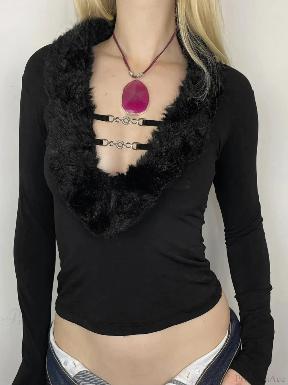 Fur Trim Slim Deep V-Neck Knitted Long Sleeve Knit Top Black / S knittop-250126