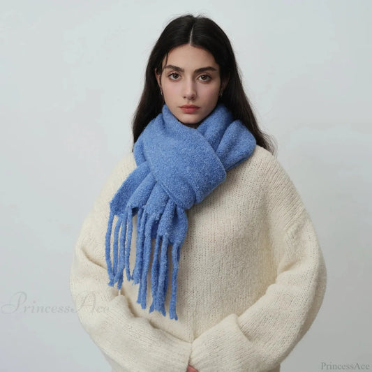 Glacier Blue Knitted Wool Scarf With Tassels For Women Deep Blue / L215Cm W27Cm Scarfs-L