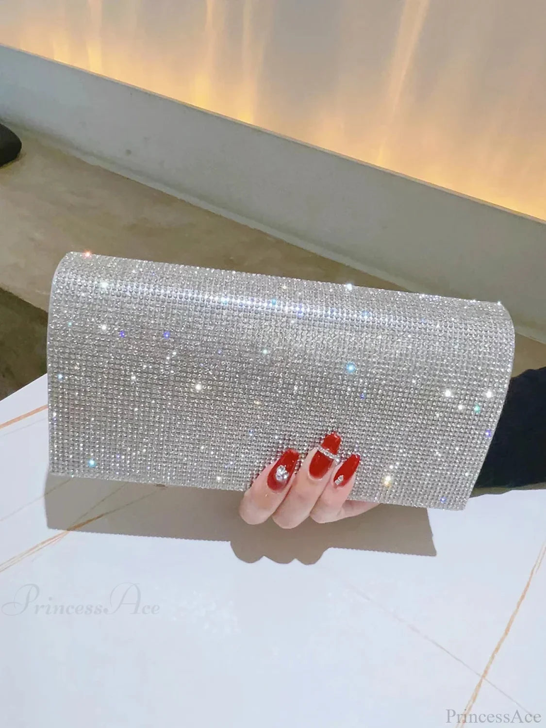 Glitter Rhinestone Clutch Evening Wedding Prom Crossbody Silver clutchbag-250126