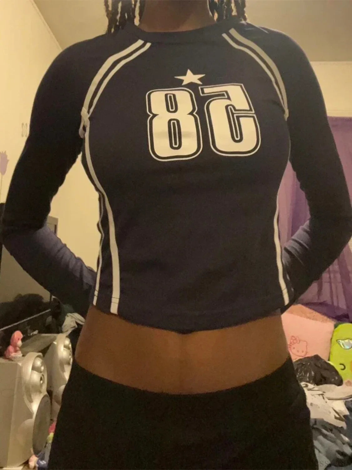 Gothic Open Umbilical Letter Printed Casual Long Sleeve Knit Top Dark blue / S knittop-250126