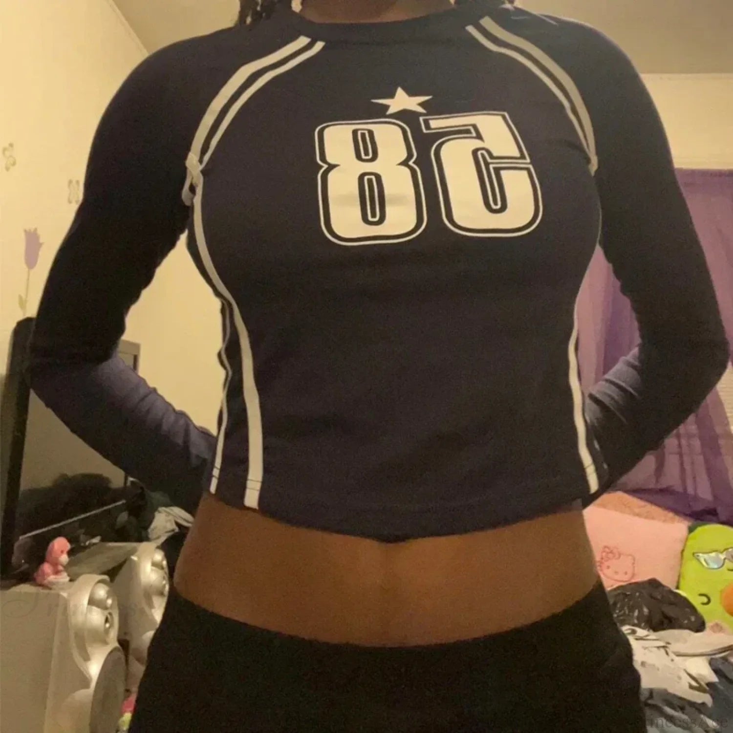 Gothic Open Umbilical Letter Printed Casual Long Sleeve Knit Top knittop-250126