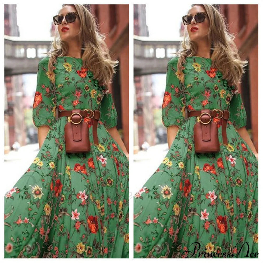 Gown Arm For Full-Length Elegant Long Women S / Green Blue Floral Maxi Dress