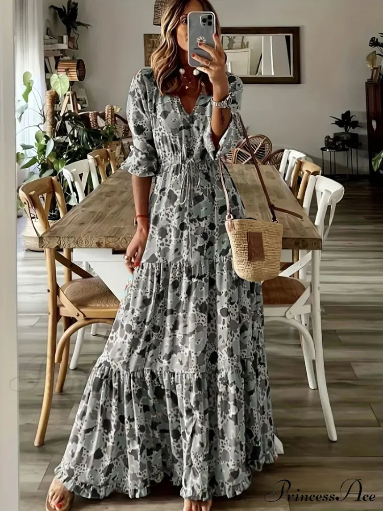 Gown Design Full-Length Waist Graphic With Slim V And Drawstring Neck S / Purple Maxi Dress