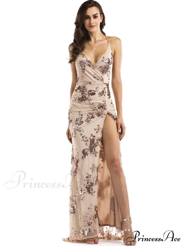 Gown Split-Side Evening With Embroidery M / Gold Dresses
