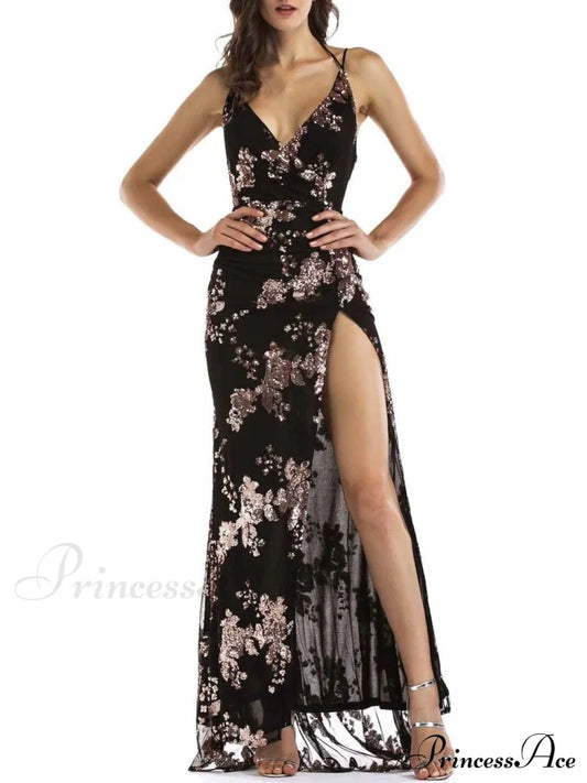 Gown Split-Side Evening With Embroidery S / Gold Dresses