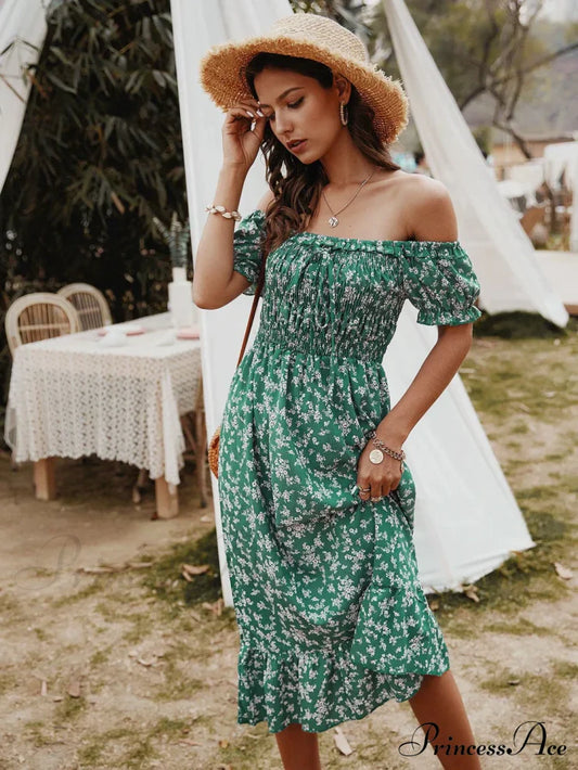 Gown With Brief Bohemian Arm Print S / Green Print Dress