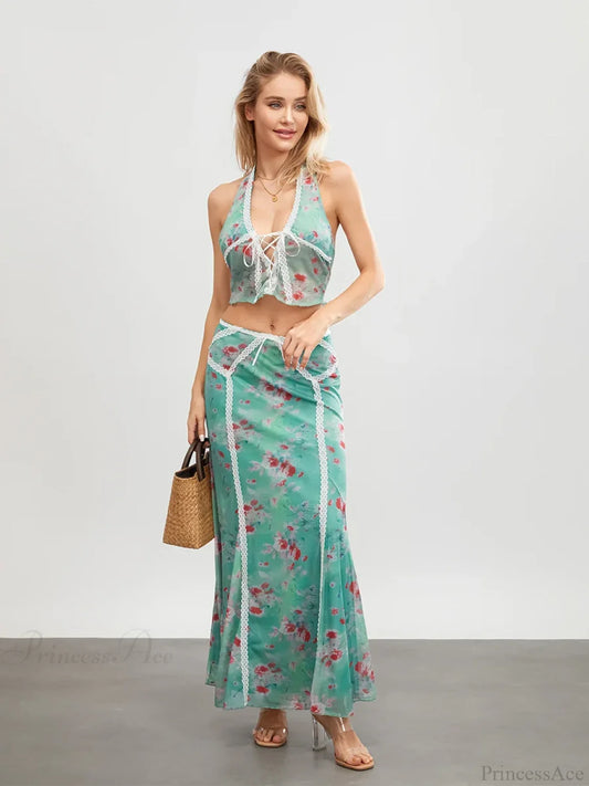 Green Floral Sleeveless Tie-up Halter Backless Long Floral Dress Green / S floraldress-250126