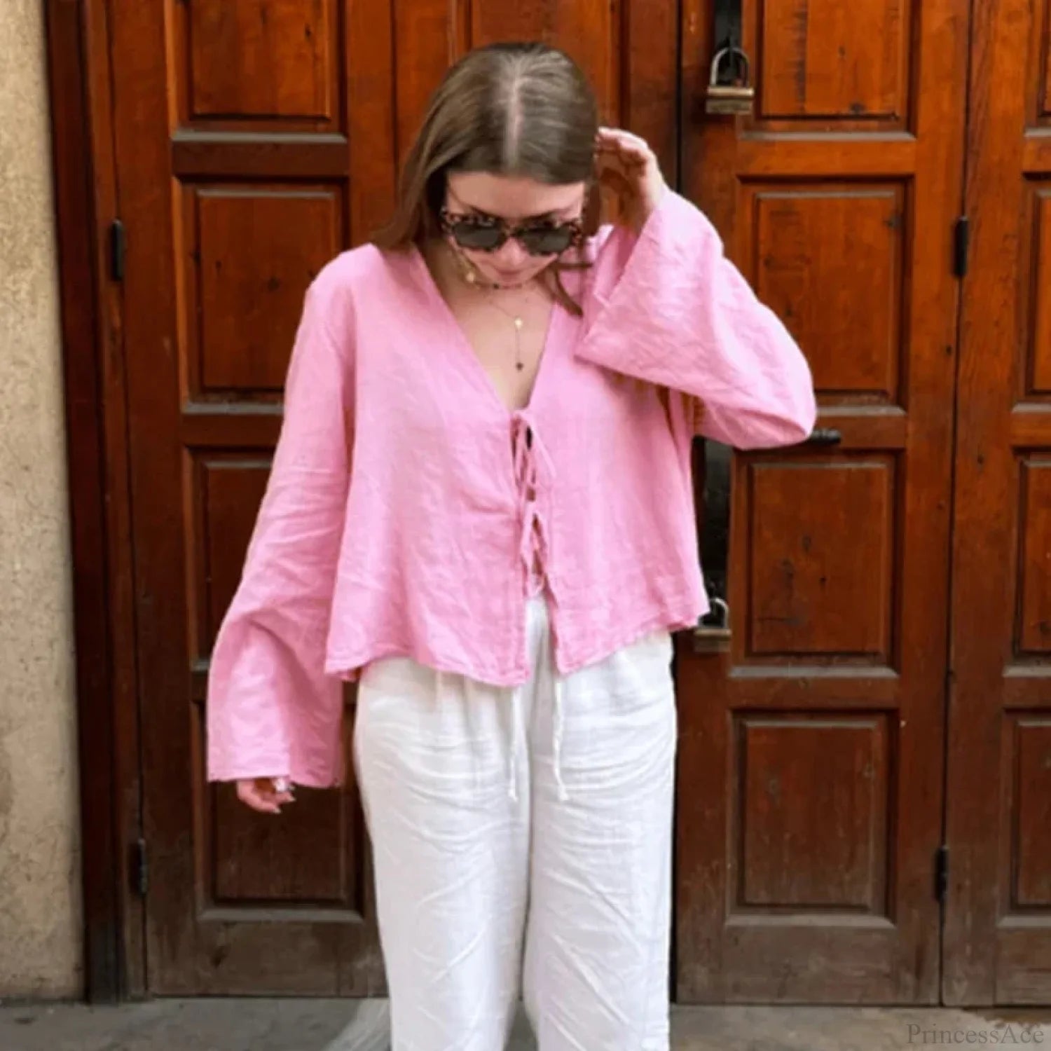 Green Linen Lace-Up Long Sleeve V-neck Blouse Pink / S blouse-250126