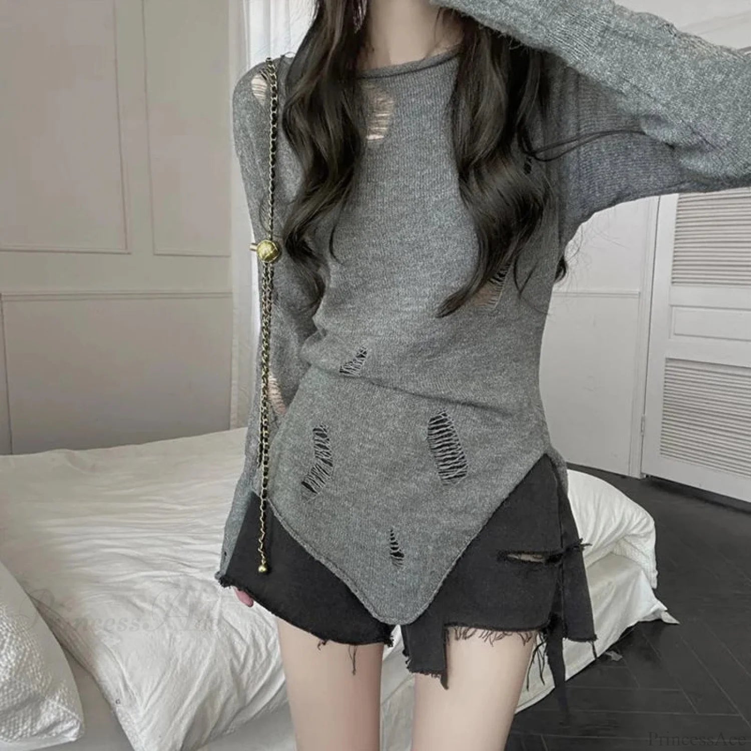 Grunge Hollow Out Knitted Sweater Slim Thin Pullover Knit Top knittop-250126
