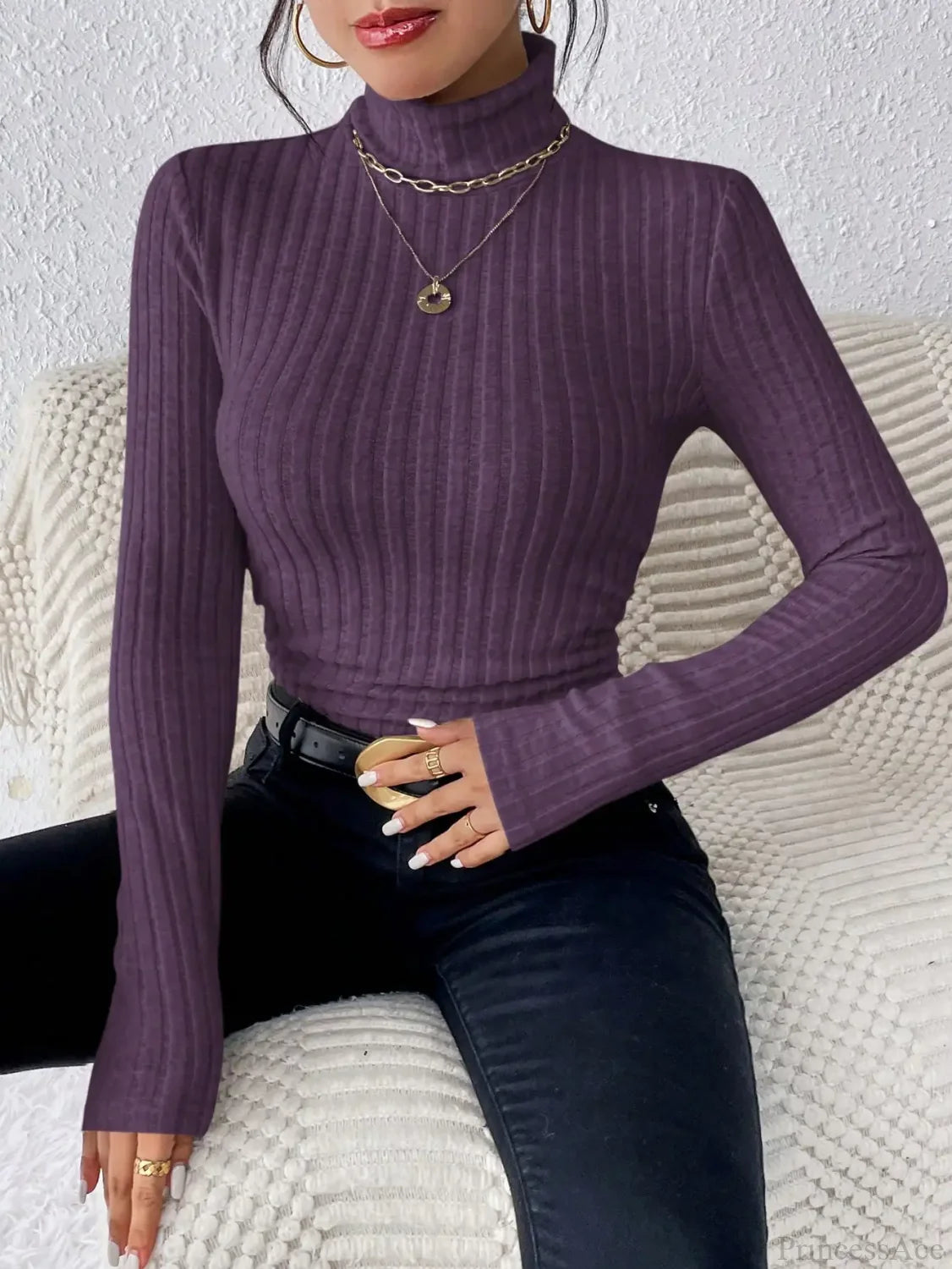Half Turtleneck Sweater Slim Long Sleeve Knit Top Women knittop-250126