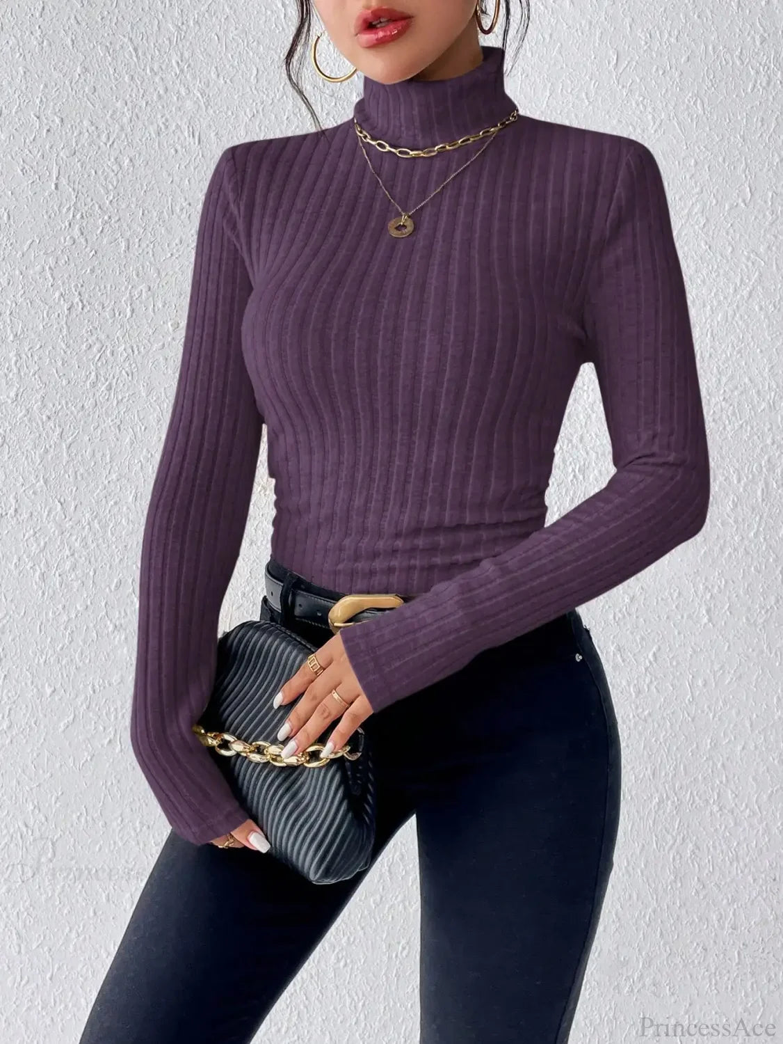 Half Turtleneck Sweater Slim Long Sleeve Knit Top Women knittop-250126