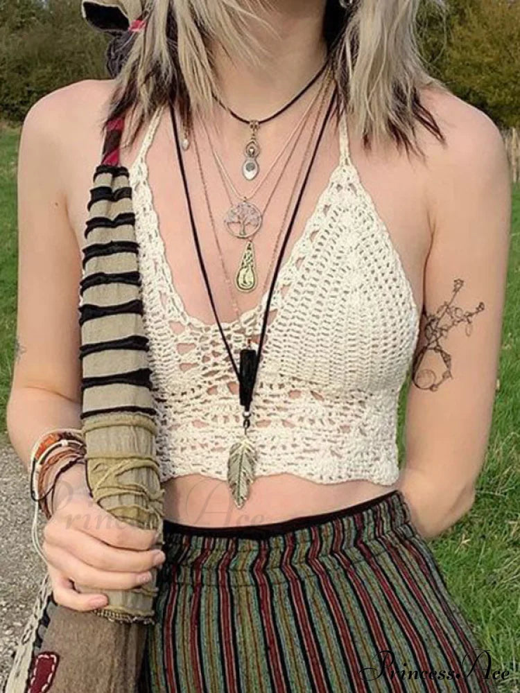 Halter Crochet Hollow Trendy Out Maxi Dress Tank Tops&Camis