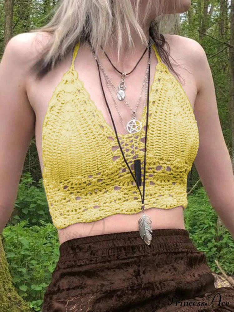 Halter Crochet Hollow Trendy Out Maxi Dress Yellow / S Tank Tops&Camis