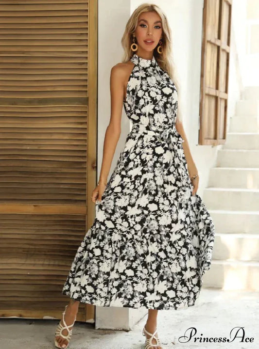 Halter Neck Gown Sleeveless Sling With Flowered Print S / White