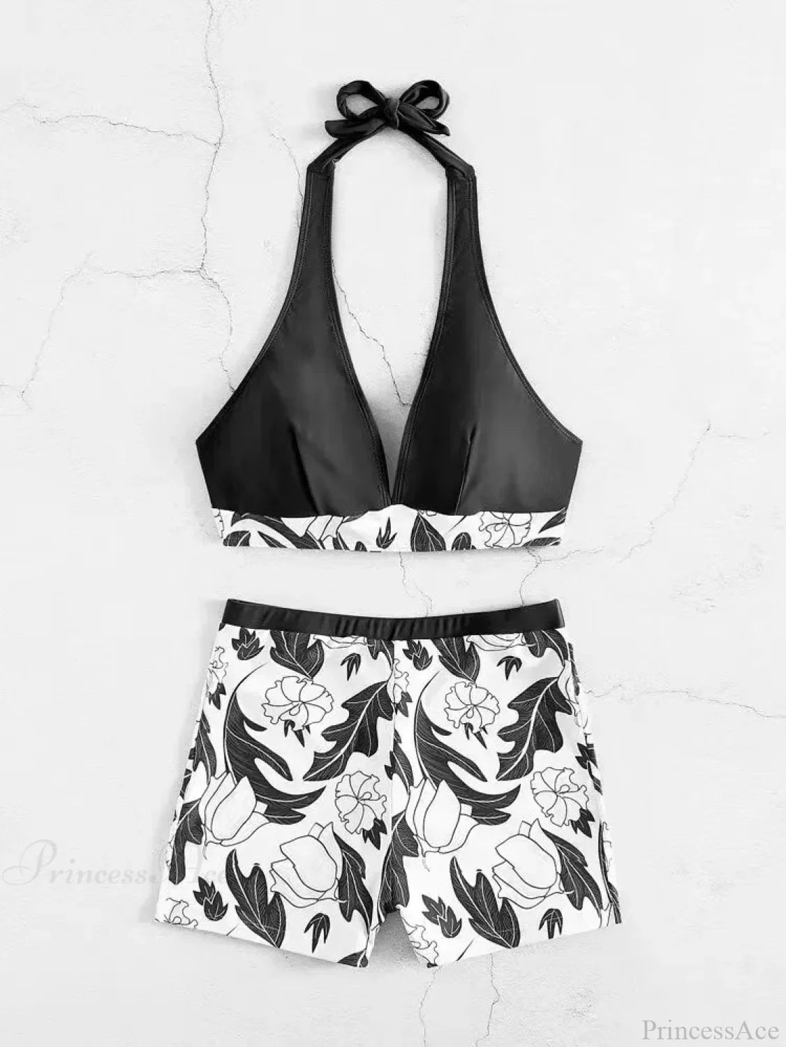 Halter Print Shorts Bikini Two Piece Set Black-1 / S