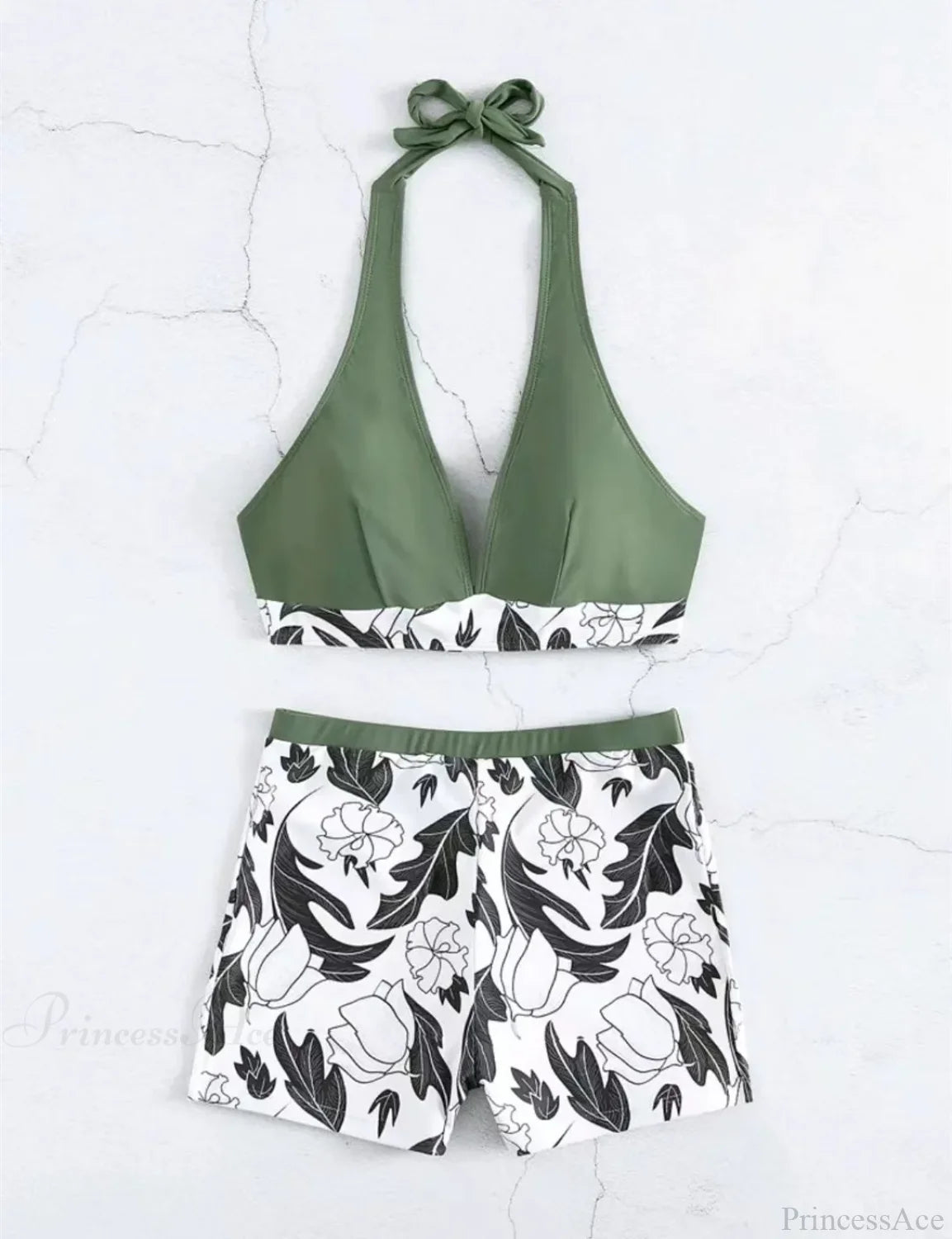 Halter Print Shorts Bikini Two Piece Set Green-1 / S