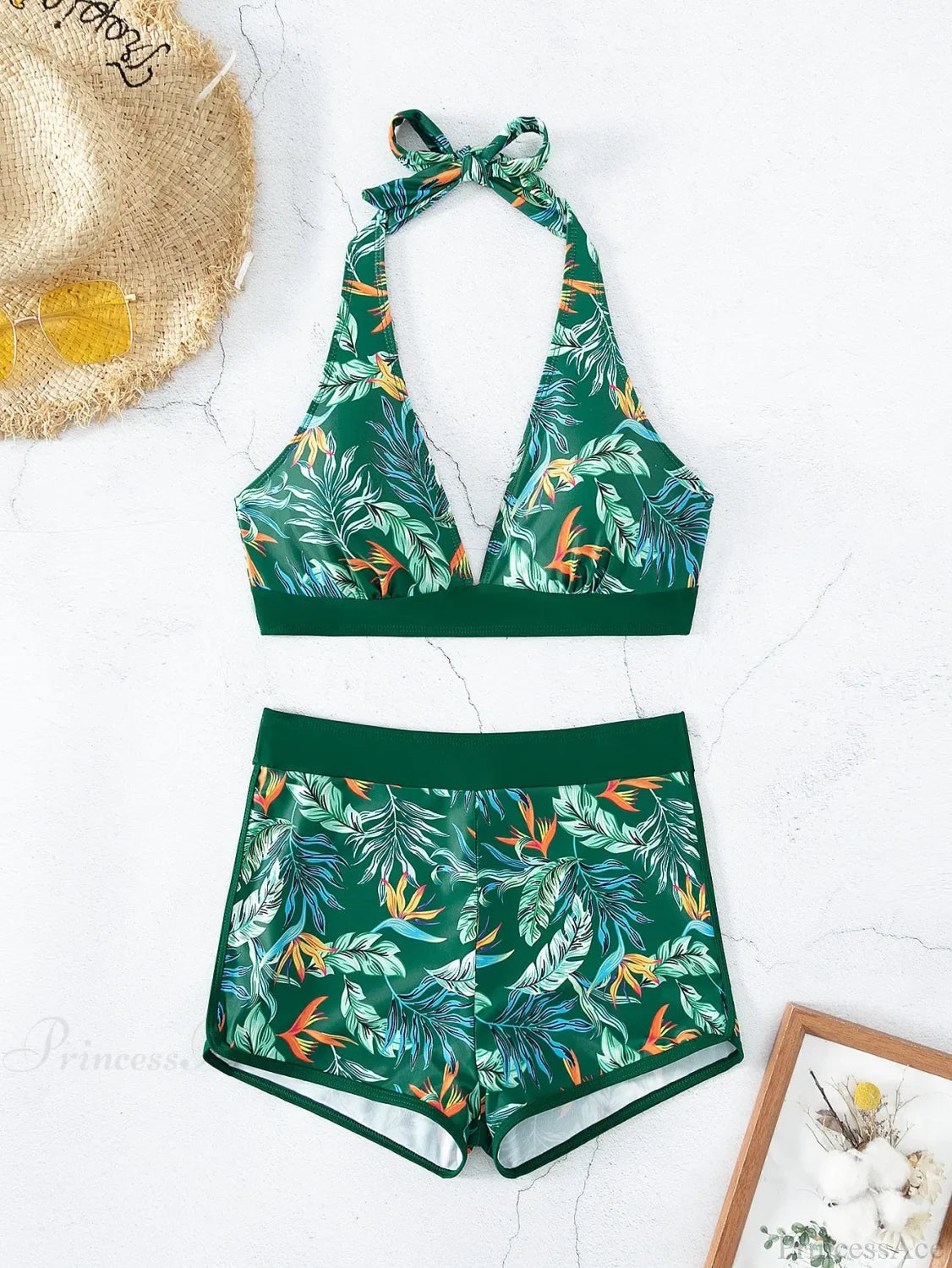 Halter Print Shorts Bikini Two Piece Set Green / S