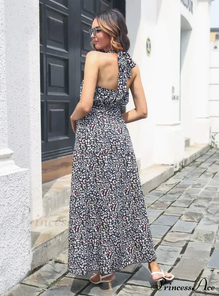 Halter With Gown Design Long Belt Leopard Neck L / Black Dresses