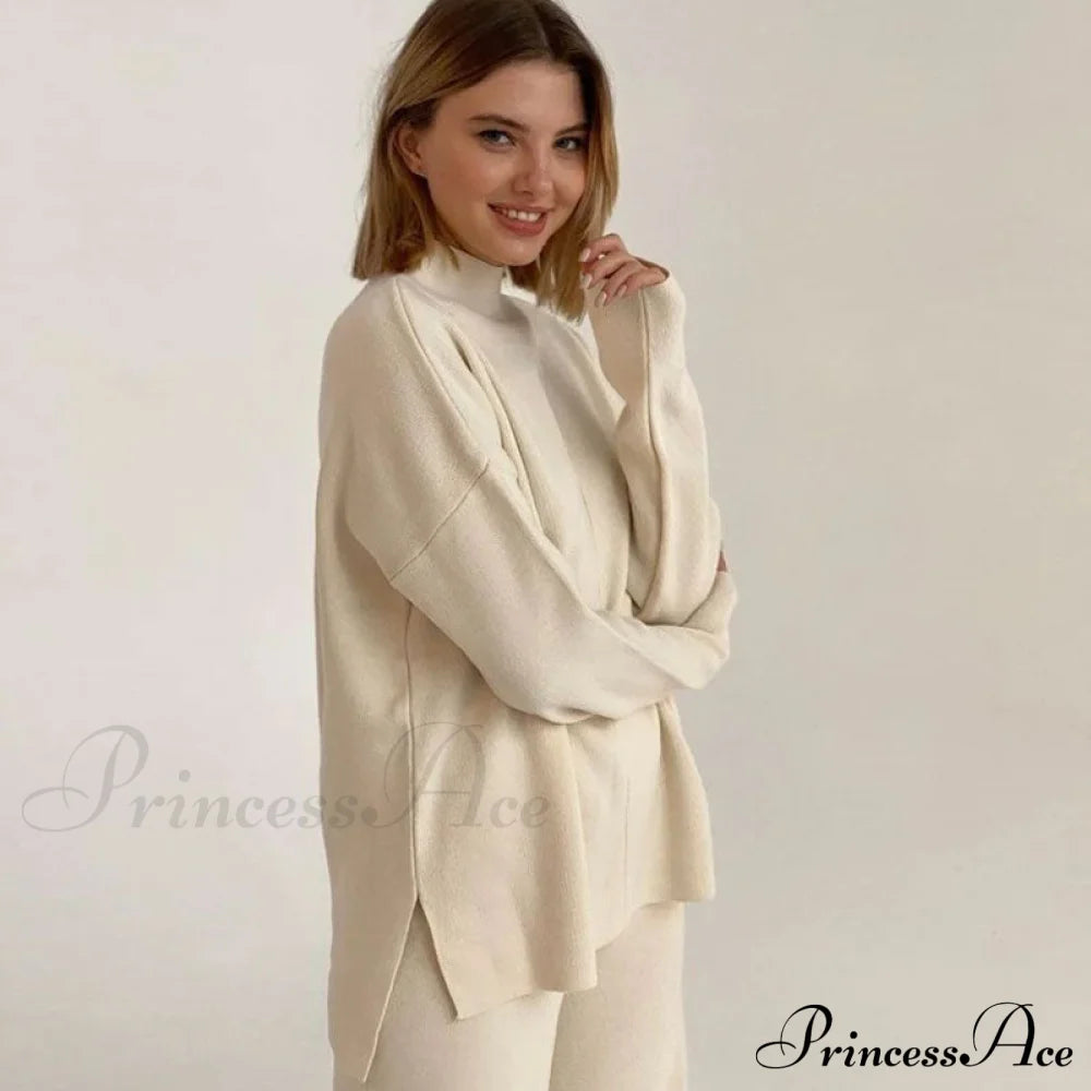 High Neck Long Sleeve Side Classic Split Cutout Mini Dress - Black L / Beige Matching Sets