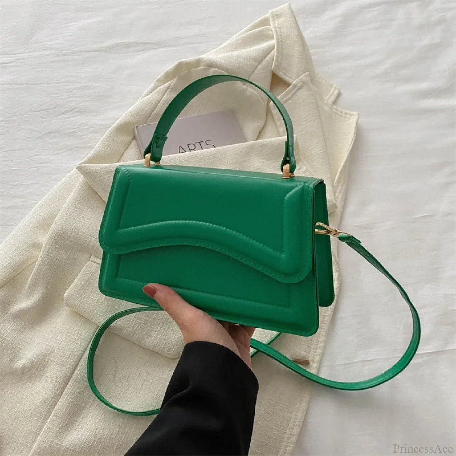 High-Quality PU Leather Solid Color Crossbody Handbag Green handbag-250126