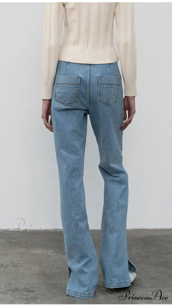 High Quality Women Spring And Autumn All-Match Side Slit Straight Waist Bootcut Jean