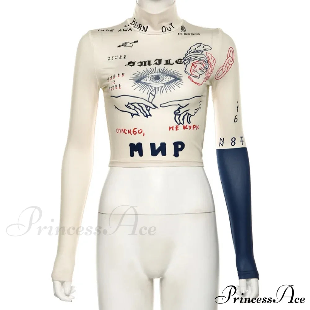 High Street Casual Funny Print Stretch Slim Autumn Crop Top