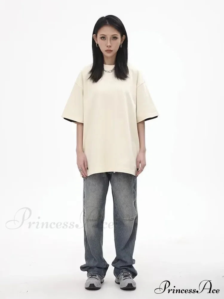 High Street Fashion Brand Made Old Wash Zipper Pocket Woodcut Vintage Loose Straight Leg Jean