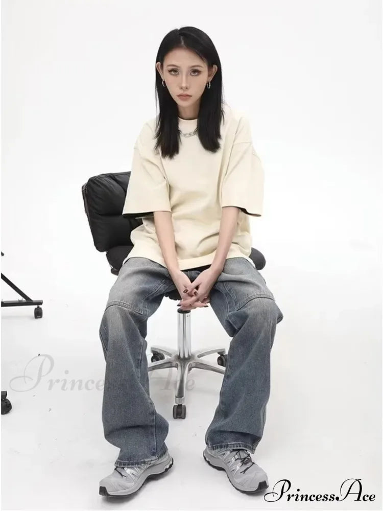 High Street Fashion Brand Made Old Wash Zipper Pocket Woodcut Vintage Loose Straight Leg Jean